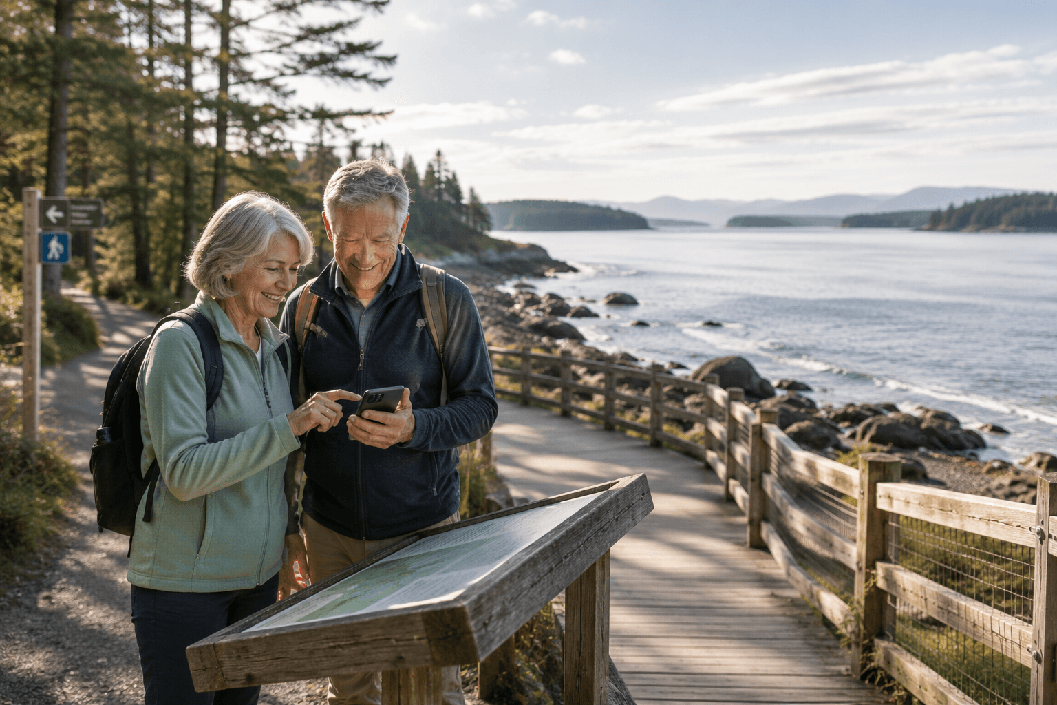Two older adults checking a phone on a coastal walking path.